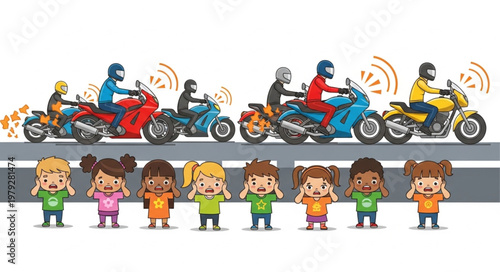 Children Covering Ears From Loud Motorcycles On Road.