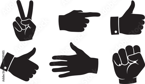 Hand gestures icons set in black and white colors