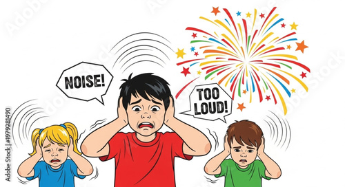 Children covering ears from loud noise of fireworks celebration.
