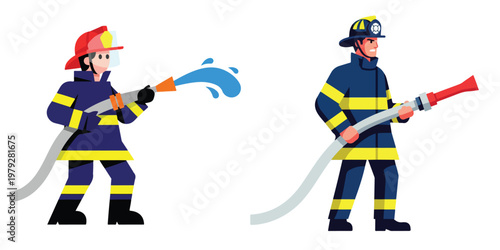 A flat minimalist vector illustration set of a firefighter holding a hose, bold shapes, no outlines, bright accents, white background