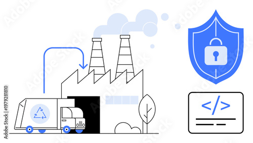 Sustainability, cybersecurity, coding technology, data security, recycling, and industrial processes. Factory with recycling truck, shield with padlock and coding symbol. Sustainability