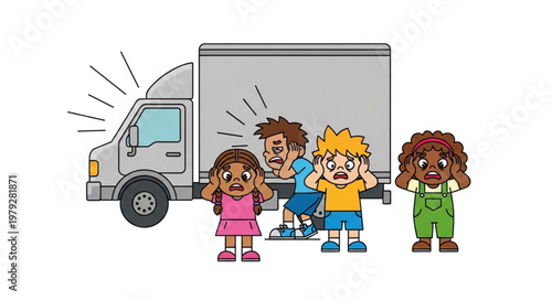 Children Covering Ears From Loud Truck Horn Sound.