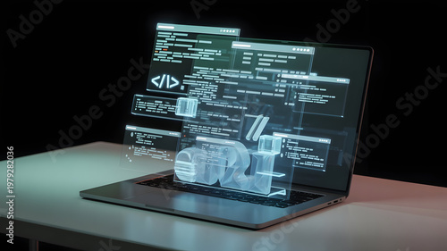 Computer Screen Displaying Code and 3D Model on Desk Futuristic Tech Visualizations