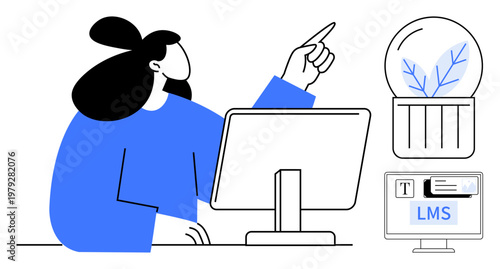 Online education, remote work, e-learning, knowledge sharing, modern technology, skill development. Woman pointing while using computer, plant bulb LMS boards. Online education and remote work