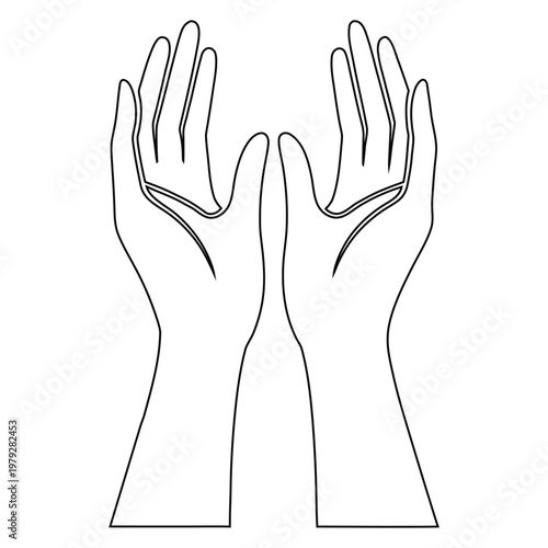 Raised Hands Dua Prayer Silhouette Line Art Islamic Vector Illustration on white background.