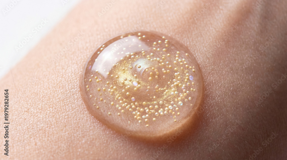 Fototapeta premium Transparent cosmetic gel droplet with tiny gold particles on human skin, highlighting texture.