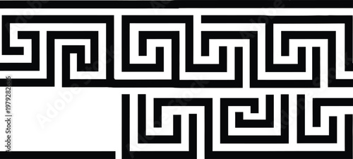 Black and white geometric pattern repeating maze like square designs