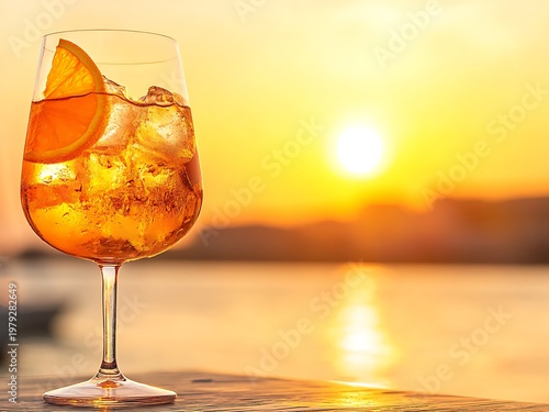 Close-up of a bright orange summer cocktail in a wine glass during golden hour at a Mediterranean seaside harbor.