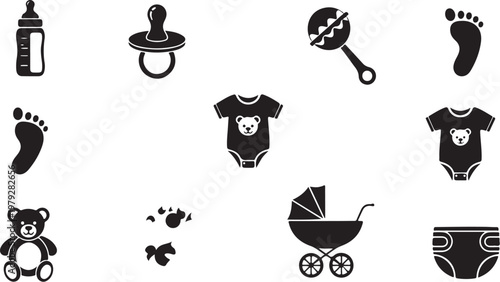 Baby Care Essentials and Adorable Nursery Icons Set Collection