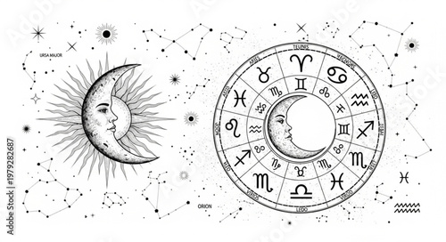 Celestial Moon and Zodiac Wheel Illustration.