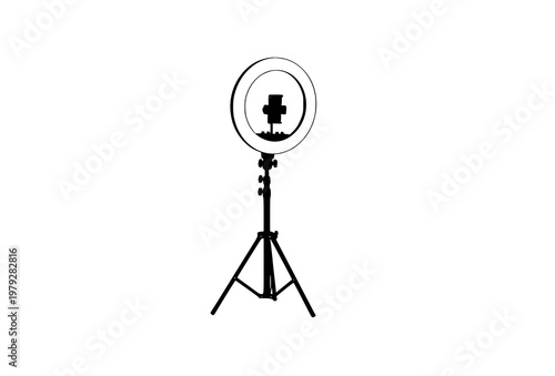 Makeup ring light tripod line art vector isolated professional beauty lighting equipment illustration
