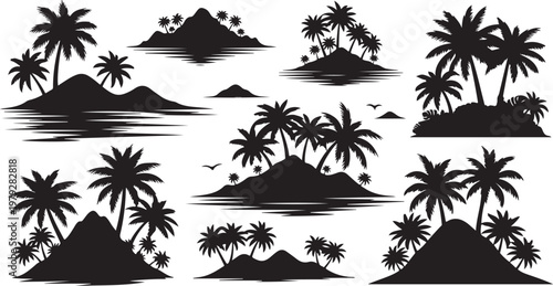 Tropical Island Silhouettes with Palm Trees and Mountains Scene