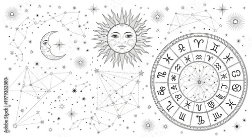 Celestial Sun Moon Zodiac Constellations Astrology Symbols.