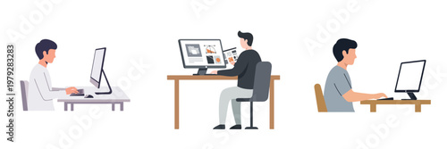 A flat design vector of a graphic designer creating on a computer, clean and minimal, outline-free, white background