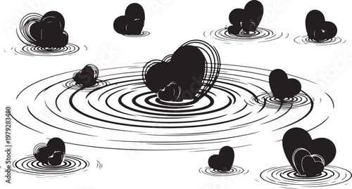 Black hearts falling into water with ripples illustration design