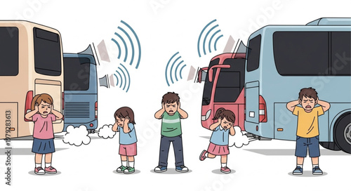 Children Covering Ears From Loud Bus Noise Pollution.