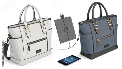 Modern handbags with usb ports and gadget pockets for mobile devices and accessories