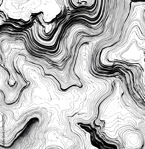 Abstract topographical map with flowing black lines on a white background