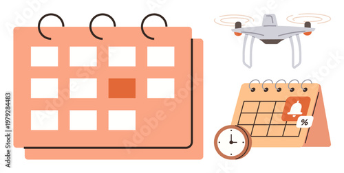 Time management, event planning, technology, reminders, scheduling, optimization. Features a calendar, quadcopter clock and notification icon. Time management and event planning concept
