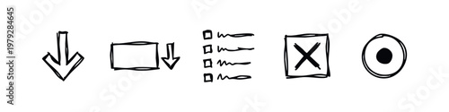 Hand Drawn Sketchy Web Interface Icons Set including Arrow Checklist Cross and Radio Button