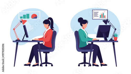 Two professional women working diligently on their desktop computers in a modern office or home workspace with data charts and desk lamps.