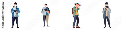 A clean flat vector graphic set of a photographer carrying a camera, minimal aesthetic, no strokes, white background