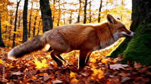 A red fox walking through a forest with fallen autumn leaves
