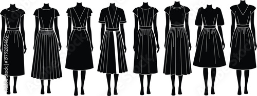 Set of eight women dress silhouette vector illustrations, elegant midi and pleated skirt fashion designs for retail catalogs, feminine apparel collection icons.