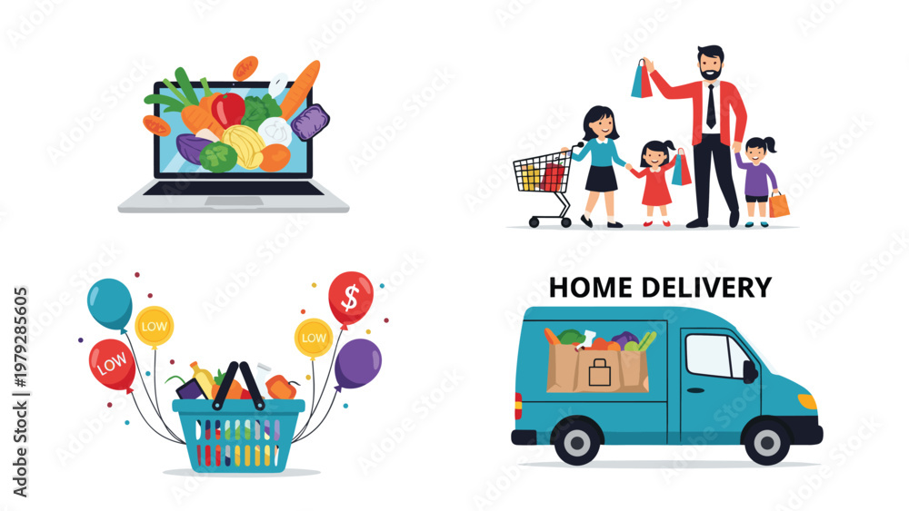 Fototapeta premium Collection of four icons representing online grocery shopping, home delivery, family shopping, and a basket with budget balloons.