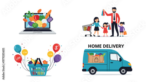 Collection of four icons representing online grocery shopping, home delivery, family shopping, and a basket with budget balloons.