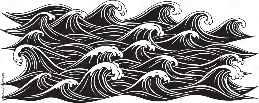Fototapeta premium Black and White Ocean Waves Illustration Art Design Element