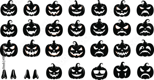 Halloween jack o lantern pumpkin faces set, spooky carved emoji icons collection, scary squash head silhouettes for cad drawing flat vector illustration.