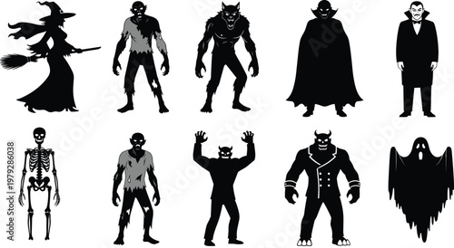 Halloween horror monster silhouettes set featuring witch, zombie, werewolf, vampire, skeleton, and ghost icons, spooky character collection for cad drawing flat vector illustration design assets.
