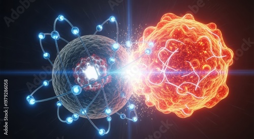 Atomic collision, fusion reaction, glowing particles