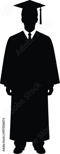 Full Body Silhouette of a Male Graduate Wearing Academic Cap and Gown for University Graduation Ceremony, Higher Education Achievement, Career Success, and Student Commencement.