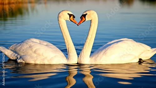 Two swans forming a heart shape on a calm blue lake
