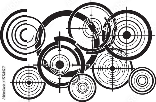 Geometric abstract art with concentric circles and grid lines