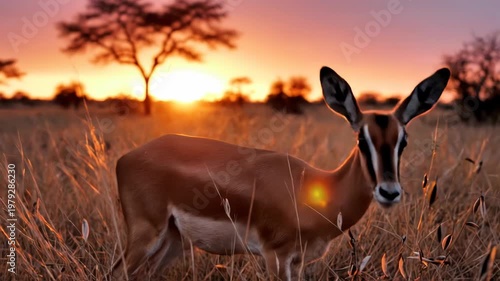 A graceful impala walking through the african savanna at sunset