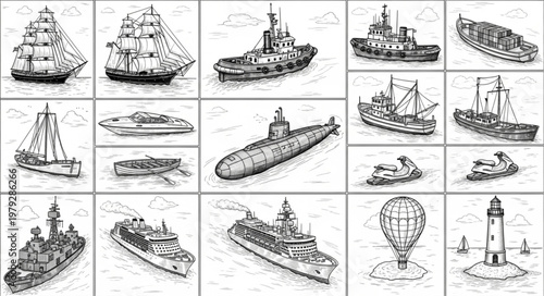 Collection of Various Ships and Boats Illustrated.