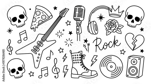 A black and white rock music doodle collage featuring skulls, guitar, microphone, vinyl records, crown and other edgy symbols.