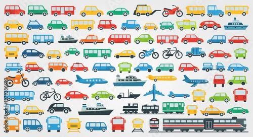 Collection of various transportation vehicles and modes of transport.