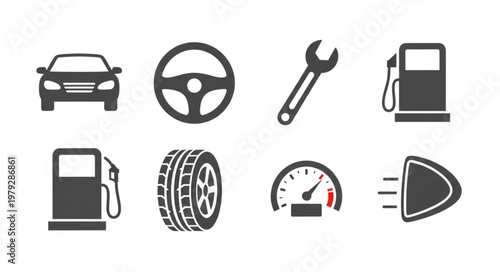 Automotive icons representing car parts and services.