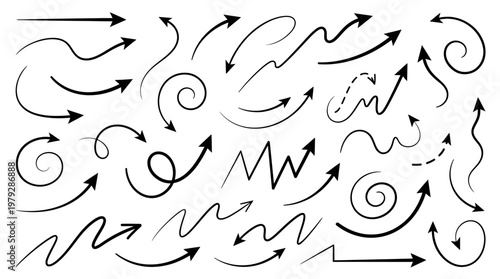 Abstract collection of hand-drawn arrows, curves and spirals on a white background