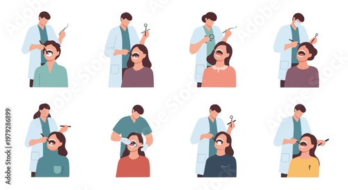 A clean minimalist flat vector of a dentist examining teeth, no outlines, white background