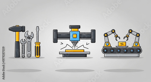 Industrial manufacturing equipment and tools illustration.
