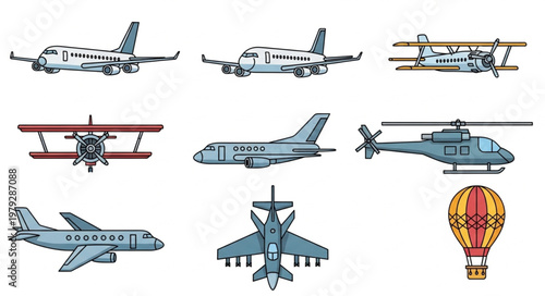 Collection of various aircraft and hot air balloon illustrations.