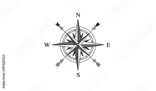Abstract compass star vector with vintage blue line art and navigation arrows