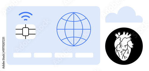 Digital banking, global connectivity, medical technology, healthcare innovation, data security, cloud computing. A credit card chip, globe and heart icon with a cloud symbol. Global connectivity