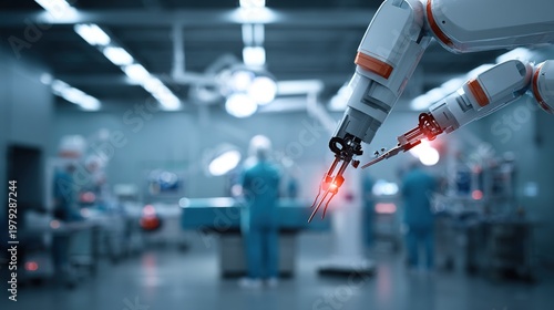 Advanced robotic surgical arm performing a medical procedure in a modern hospital operating room with blurred medical staff in the background