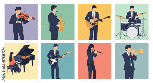 A flat minimalist vector illustration of a musician playing an instrument, simplified forms, no outlines, white background